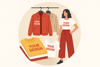 "Circular icon-style image showcasing customized clothes: folded t-shirts, hanging jackets, and trendy outfits. Minimal modern background, bright colors, premium e-commerce style, clean and simple design."