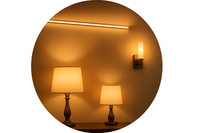 "Circular icon-style image showcasing decorative lights: table lamps, LED strips, wall sconces. Minimal modern background, glowing warm light, premium and cozy style."