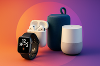 Circular icon-style image showcasing electronics: smartwatches, earbuds, Bluetooth speaker, home gadgets. Clean modern background, bright and stylish, realistic textures, e-commerce style." Not white background 