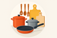 "Circular icon-style image showcasing kitchen essentials: pots, pans, utensils, cutting boards. Clean modern background, bright colors, premium e-commerce look, minimal and organized."